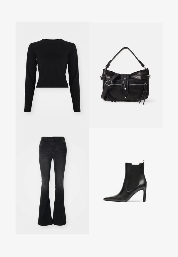 Sort langærmet crop top med rund hals og raglanærmer. Glat tekstur, minimalistisk design og ingen synlige mønstre eller hardware.; Sorte bell-bottom jeans lavet af denim, med en høj talje, frontlommer, knaplukning og en ren finish ved kanten.; Sorte ankelstøvler i læder med spids tå, elastiske sider og stiletthæl. Glat tekstur og strømlinet design.; Even&Odd by Zalando H24462 - Håndtasker - black