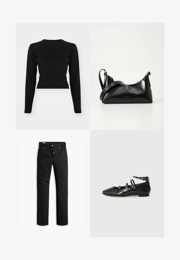 Čierny dlhý rukáv cropped top s okrúhlym výstrihom a raglánovými rukávmi. Hladká textúra, minimalistický dizajn a bez viditeľných vzorov alebo hardvéru.; Čierne denimové džínsy so strihom do rovna, dizajnom na päť vreciek a zapínaním na gombíky. Obsahujú meďou potiahnuté nitové doplnky a jemné švy.; ALDO NELTA - Balerínky - black; Čierna kožená kabelka s hladkou textúrou. Obsahuje nastaviteľný popruh a elegantný, minimalistický dizajn so zipsovým uzatvorením.