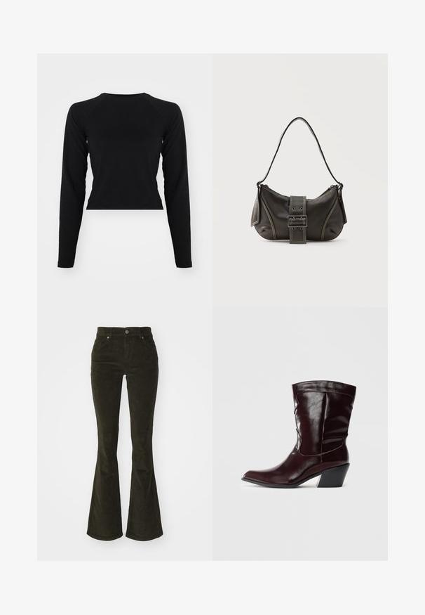 Zwarte langmouw crop top met een ronde hals en raglanmouwen. Gladde textuur, minimalistisch ontwerp en geen zichtbare patronen of hardware.; Uitlopende corduroy broek in donkergroen. Voorzien van voorzakken, knoopsluiting en een zachte, gestructureerde stof met ribbelpatroon.; Bordeaux leren enkellaarsjes met een spitse neus, textuur op het oppervlak en een taps toelopende lage hak. Heeft subtiele stiksels en een strakke pasvorm.; Zwarte leren schoudertas met gespsluiting aan de riem, afgeronde hoeken en contrasterende witte stiksels op een effen achtergrond.