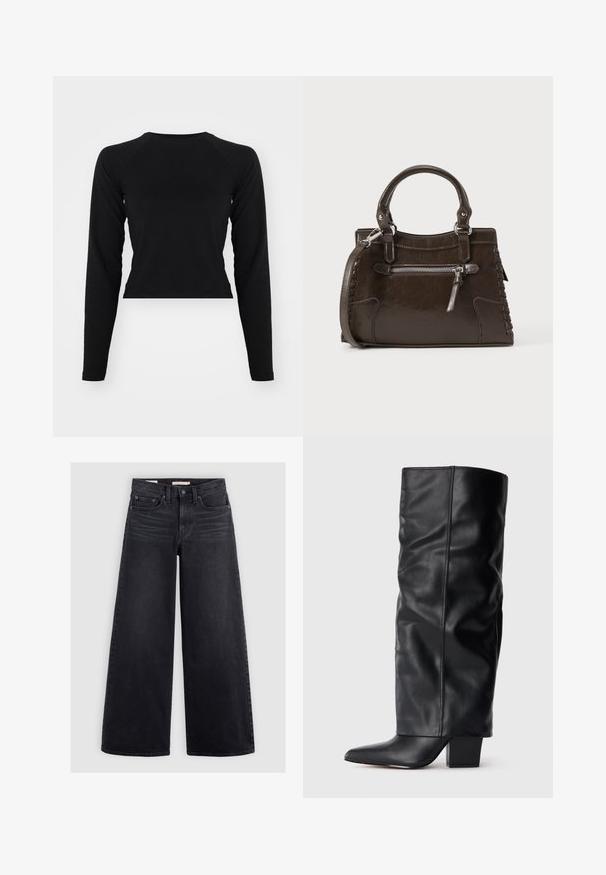 Sort langærmet crop top med rund hals og raglanærmer. Glat tekstur, minimalistisk design og ingen synlige mønstre eller hardware.; Bredbenede sorte jeans lavet af denim, med høj talje, fem lomme-design og subtilt slid langs forsiden.; Sorte læderknæhøje støvler med et slouchy design, spidse tå og en kraftig firkantet hæl. Glat tekstur med minimale syningsdetaljer.; Brun læderhåndtaske med top-håndtag, lynlåslomme foran og vævede detaljer på siderne. Glat tekstur og struktureret form.
