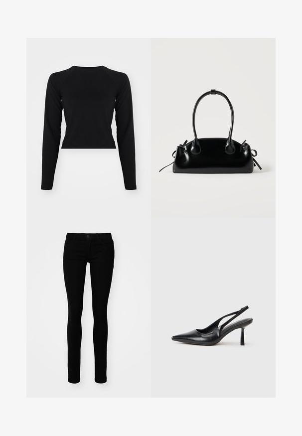 Čierny dlhý rukáv cropped top s okrúhlym výstrihom a raglánovými rukávmi. Hladká textúra, minimalistický dizajn a bez viditeľných vzorov alebo hardvéru.; Čierne skinny džínsy vyrobené z denimu, s pásom strednej výšky, piatimi vreckami a minimálnym prešívaním. Hladká textúra s priliehavým strihom.; Čierna kožená sandálová vysoká topánka s špicatou špičkou a štíhlým podpätkom na bielom pozadí.; Malá čierna lesklá kabelka s dvoma dlhými rúčkami a bočnými šnúrkovými detailmi na jednoduchom svetlom pozadí.