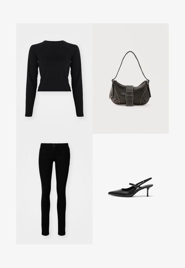 Must have pikka varrukatega must lühike topp, ümmargune kaelus. Sile tekstuur, minimalistlik disain, ilma nähtavate mustrite või metalldetailideta.; Mustad mustad teksad, millel on keskmise kõrgusega vöökoht, viis taskut ja minimaalne õmblus. Sujuv tekstuur ja keha lähedane siluett.; Mustad nahast slingback-kontsad terava varba ja peene reguleeritava rihmaga, umbes 5 cm kõrguse stiletto-kontsaga, siledast tekstuurist.; Mustast nahast õlakott pandlanööriga detailiga, kõverate servade ja kontrastse valge õmblusega tavalise tausta peal.