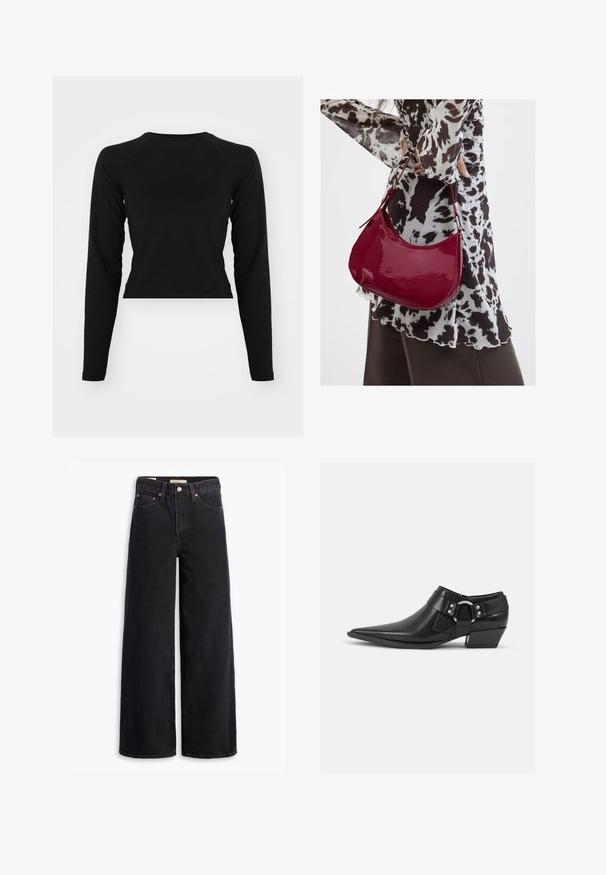 Schwarzes, langärmeliges Crop-Top mit rundem Halsausschnitt und Raglanärmel. Glatte Textur, minimalistisches Design und keine sichtbaren Muster oder Beschläge.; Schwarze weite Jeans aus Denim mit fünf Taschen, Kupferrivets und einem klassischen Knopfverschluss. Glatte Textur mit einem klaren Design.; Schwarze Leder-Ankle-Boots mit spitzem Zeh, ausgestattet mit einem vorderen Leder-Riemen und einem silbernen Schnallendetail sowie einem niedrigen Blockabsatz.; Frau trägt eine schwarz-weiß gemusterte Bluse und hält eine glänzende rote Schultertasche vor einem einfarbigen Hintergrund.