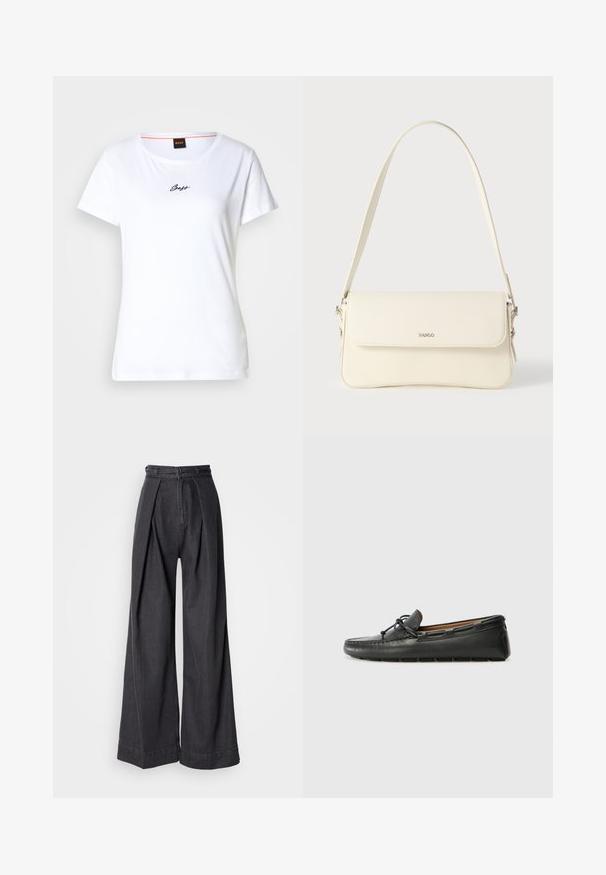 Weißes Baumwoll-T-Shirt mit kurzen Ärmeln und rundem Ausschnitt. Auf der Vorderseite befindet sich ein schwarzes, geschwungenes "Boss"-Logo. Einfaches Design.; Schwarze Jeans mit weitem Bein und hoher Taille, ausgestattet mit vorderen Falten und einem klassischen Reißverschluss. Knackige, glatte Textur mit sauberen Abschlüssen.; Schwarze Lederbootsschuhe mit rundem Zehenbereich, gestickten Details, kleinem Schleifenakzent und Gummisohle. Glatte Textur und schlankes Design.; Schultertasche aus cremefarbenem Leder mit Klappverschluss, silbernen Beschlägen, einem verstellbaren Riemen und einem dezenten Logodetail.