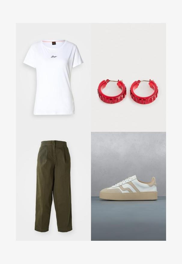 Wit katoenen T-shirt met korte mouwen en een ronde halslijn. Voorzien van een cursief zwart "Boss"-logo op de voorkant. Eenvoudig ontwerp.; Olijfgroene, wijde broek met een hoge taille, voorzien van plooien aan de voorkant en omgeslagen zoom. Gemaakt van lichte stof met een soepele textuur.; Sneaker met een bovenwerk van crème leer, tan accenten en een lichtbeige rubberen zool. Heeft platte veters en subtiele logodetails aan de zijkant.; Een paar kleine rode oorhangen in de vorm van hoepels met rechthoekige facetten en zilveren metalen sluitingen op een witte achtergrond.