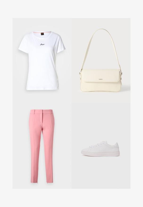 Weißes Baumwoll-T-Shirt mit kurzen Ärmeln und rundem Ausschnitt. Auf der Vorderseite befindet sich ein schwarzes, geschwungenes "Boss"-Logo. Einfaches Design.; Rosa maßgeschneiderte Hose mit glatter Textur, geraden Beinen und einem Reißverschlussdetail am Saum. Verfügt über Gürtelschlaufen und ein flaches Frontdesign.; Weißer Sneaker mit einem oberen Teil aus glattem Leder, runder Zehenpartie und flacher Gummisohle. Verfügt über eine Schnürung und ein dezentes Logo an der Seite.; Schultertasche aus cremefarbenem Leder mit Klappverschluss, silbernen Beschlägen, einem verstellbaren Riemen und einem dezenten Logodetail.