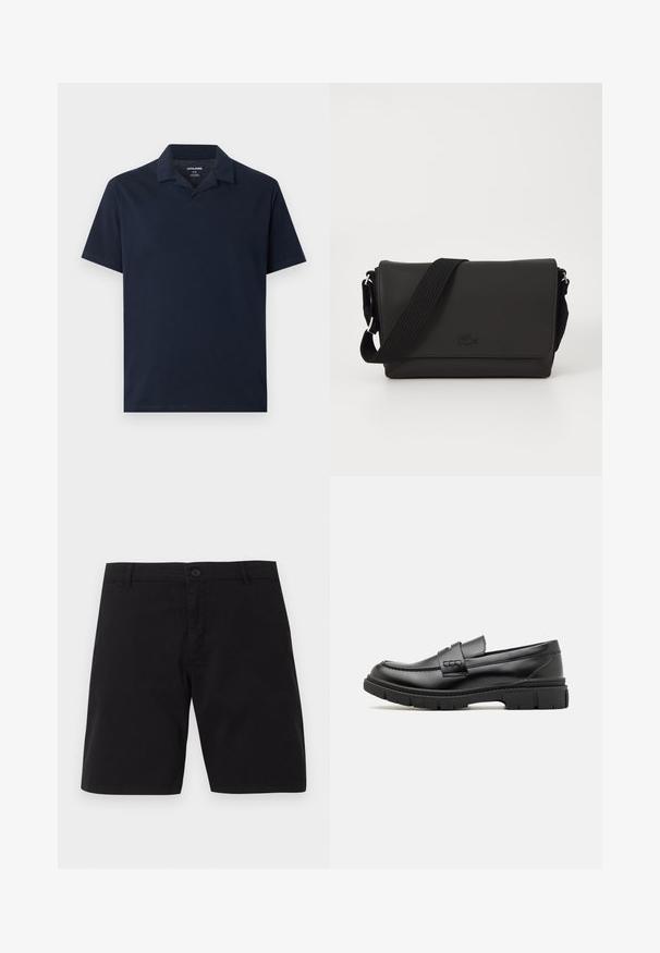 Polo bleu marine à manches courtes avec col, encolure en V dégagée et tissu de poids moyen, étalé à plat sur un fond gris clair.; Shorts décontractés noirs avec fermeture par bouton, passants pour ceinture et design simple, présentés sur un fond uni.; Mocassin en cuir noir avec une large sangle sur le devant, semelle en caoutchouc à épaisse rainure, et texture lisse. Design classique et élégant.; Lacoste MESSENGER BAG MEN CLASSIC - Sac bandoulière - noir