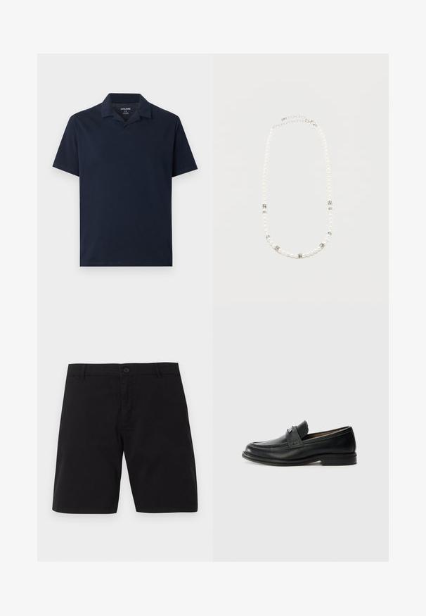 Polo bleu marine à manches courtes avec col, encolure en V dégagée et tissu de poids moyen, étalé à plat sur un fond gris clair.; Shorts décontractés noirs avec fermeture par bouton, passants pour ceinture et design simple, présentés sur un fond uni.; Mocassins en cuir noir avec une finition lisse, dotés d'une bande supérieure texturée, d'un talon bas et de détails de couture minimalistes.; Collier de perles blanches avec des intercalaires en strass argentés et un fermoir chaîne en argent, présenté sur un fond clair uni.