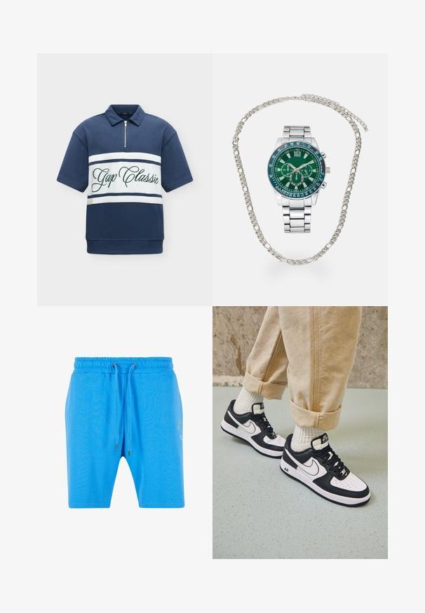 Marineblå kortærmet poloshirt med hvide vandrette striber og grøn tekst "Gap Classic" på tværs af brystet samt halvlange lynlåsekrave.; Blå bomuldsshorts med elastisk talje, snorelukning og diskret grafikdetalje på siden. Glat tekstur og afslappet pasform.; Sorte og hvide Nike Air Force 1 sneakers med læderoverdel, perforeret tå og tekstureret såldetalje, båret med rullede beige bukser og hvide sokker.; Sølv metalur ur med en grøn tekstureret urskive, der har hvide timeindikatorer og subur; kædeaccessorie sammenflettet med uret.