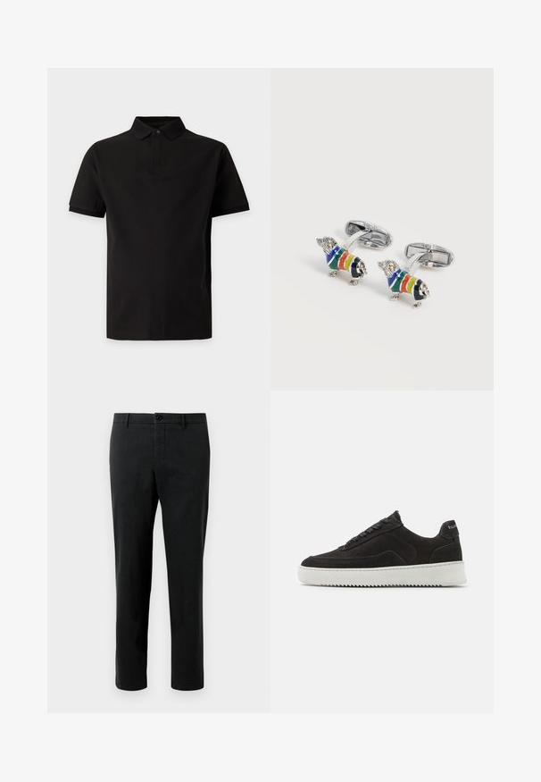 Zwarte poloshirt met korte mouwen, kraag en enkele knoopsluiting, afgebeeld op een effen lichtgrijze achtergrond.; Zwarte broek van stof met een gladde textuur, met een klassieke pasvorm, een knoopsluiting en zijzakken. Geen patronen of accenten.; Zwarte suède sneakers met een gestructureerde afwerking, voorzien van platte veters en een contrasterende witte rubberen zool met een zigzagpatroon.; Zilveren manchetknopen in de vorm van teckels die gestreepte truien dragen in blauw, groen, rood, geel en zwart.