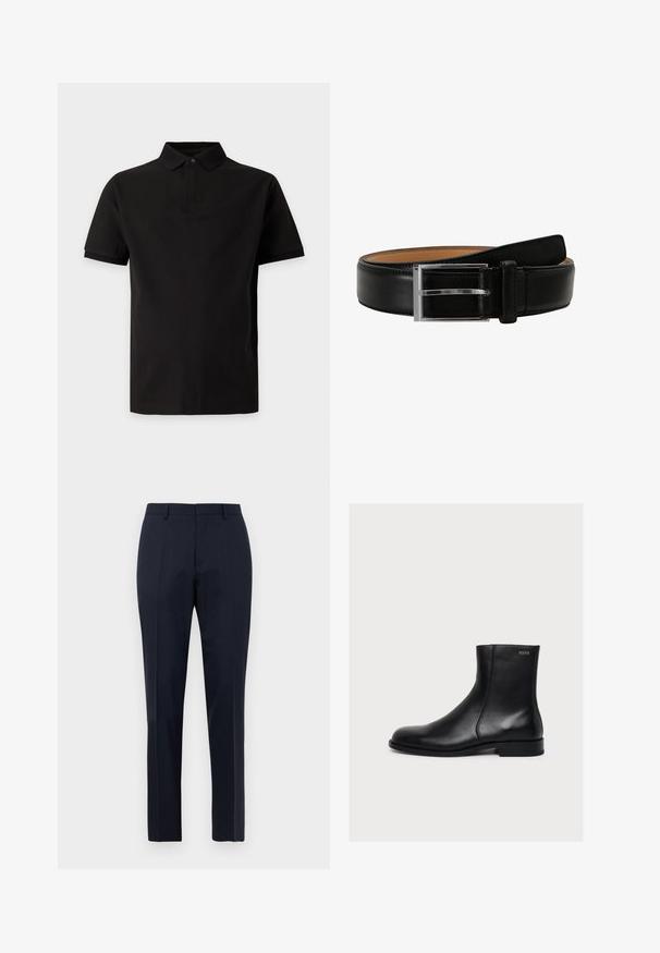 Polo negro de manga corta con cuello y tapeta de un solo botón, mostrado sobre un fondo liso color gris claro.; Pantalones de vestir para hombre en azul marino, ajustados, con un sutil patrón de cuadros, pasadores para cinturón y pliegue frontal, exhibidos de frente sobre fondo blanco.; Bota de piel negra lisa hasta el tobillo con tacón bajo y cremallera lateral, etiquetada con Hugo cerca del borde superior.; Cinturón de cuero negro con una hebilla rectangular plateada, que presenta una textura suave y un forro en tono marrón claro en el lado interior.