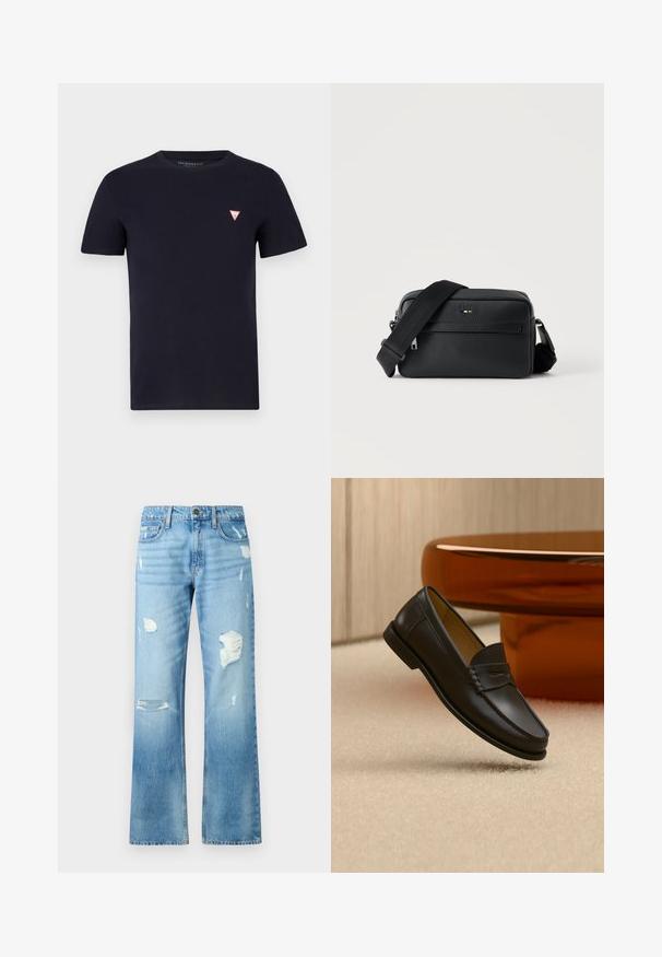 Marineblaue Baumwoll-T-Shirt mit Rundhalsausschnitt und kurzen Ärmeln; verfügt über ein kleines rotes Dreieck-Logo auf der linken Brust.; Hellblaue Jeans aus Denim mit geradem Bein, ausgestattet mit Rissen und einem ausgewaschenen Finish. Enthält einen Metallknopf und fünf Taschen.; Schwarzer Leder-Loafer, der über einem hellbeigen Teppich schwebt, mit bernsteinfarbenen modernen Möbeln im Hintergrund.; Schwarze, strukturierte Leder-Crossbody-Tasche mit vorderer Reißverschlusstasche und verstellbarem breitem Stoff-Schulterriemen auf weißem Hintergrund.