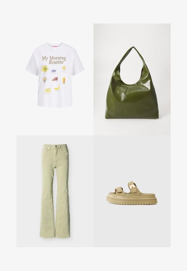 Camiseta blanca con texto "My Morning Routine" y ilustraciones de tostada, arándanos, huevo frito, café, mermelada, zumo de naranja, mantequilla y plátano.; Vaqueros acampanados de color verde claro con cierre de botón y cremallera, bolsillos delanteros y traseros, y trabillas para cinturón sobre un fondo blanco.; Sandalias deslizantes beige con dos tiras ajustables y una hebilla de color dorado. Fabricadas en material sintético suave. Suela de goma texturizada.; Bolsa hobo verde de cuero con un diseño suave, asa curvada y textura lisa. No contiene hardware visible ni acentos.