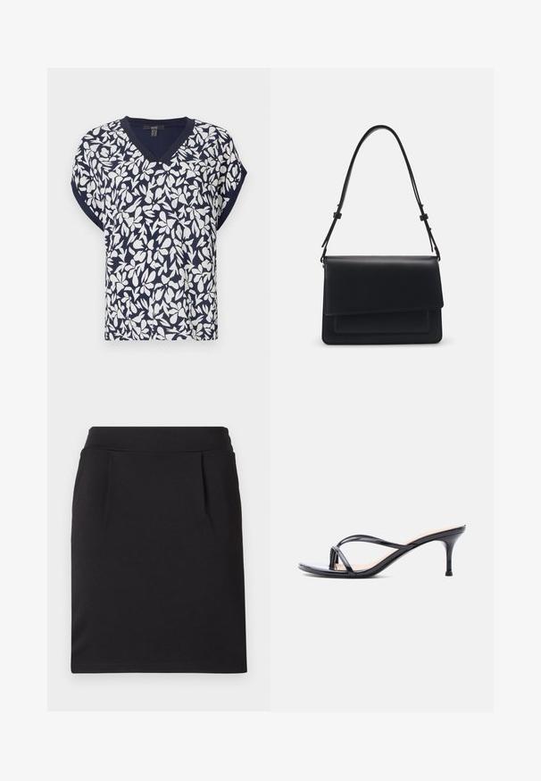 Top de pico en navy blue con un patrón floral blanco, mangas cortas y un corte relajado. Tejido de mezcla de algodón con una ligera textura.; Falda lápiz negra hasta la rodilla con una cinturilla amplia y sutiles pinzas frontales, hecha de tela suave.; Sandalia de tacón de charol negro con tiras finas cruzadas y un tacón de aguja delgado de altura media, sobre un fondo blanco.; Pieces PCNIBINA HARMONICA CROSS BODY - Bandolera - black