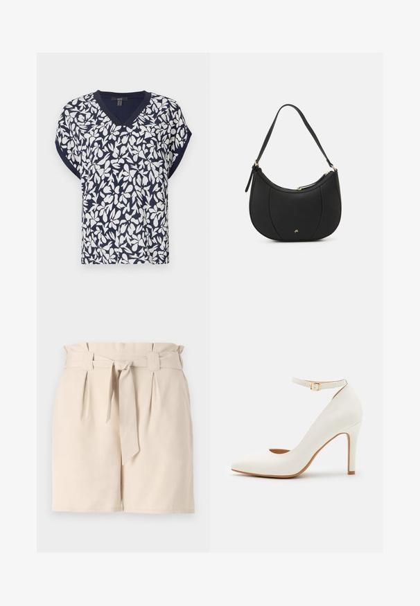 Haut bleu marine à col en V avec un motif floral blanc, manches courtes et coupe décontractée. Tissu en mélange de coton avec une légère texture.; Shorts beiges ajustés en tissu léger, dotés d'une ceinture, de plis et d'une coupe droite.; Chaussure à talon haut en cuir blanc avec un bout pointu, une bride à la cheville et un talon fin. Présente une texture lisse et un intérieur beige.; Sac à main en cuir noir avec une forme courbée, surface texturée, coutures avant et un logo doré. Il est doté d'une seule sangle ajustable.
