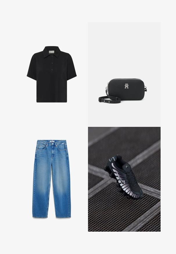 Schwarzes Polohemd mit kurzen Ärmeln, klassischem Kragen und drei Knöpfen, gefertigt aus glattem Stoff.; Helle blaue, weite Jeans flach ausgelegt. Zu den Merkmalen gehören ein Bund mit Gürtelschlaufen, Vordertaschen und eine subtile Ausbleichung des Stoffes.; Schwarzer Sportschuh mit strukturiertem Mesh-Obermaterial, silbernen Akzenten, Fußgewölbeunterstützung und gepolsterter Sohle mit auffälligem segmentiertem Design.; Schwarze Leder Umhängetasche mit rechteckiger Form, silberner Hardware und geprägt Logo auf der Vorderseite. Verstellbarer Gurt inklusive.
