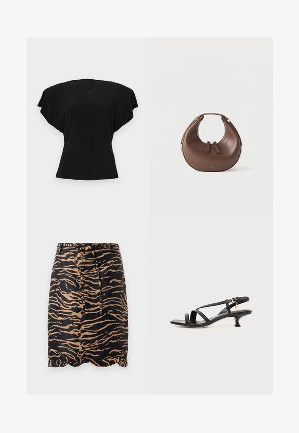 Blouse noire à manches courtes avec épaules larges et col en V, présentée sur un fond clair uni.; Jupe rayée noir et fauve en tissu lisse, dotée d'une taille à nouer et d'un ourlet en dentelle.; Sandale noire en cuir à brides fines, talon bas kitten, boucle à la cheville et petit pendentif doré sur fond clair uni.; Sac à main en cuir marron en forme de croissant avec une poignée supérieure et deux curseurs de fermeture éclair, sur fond blanc.