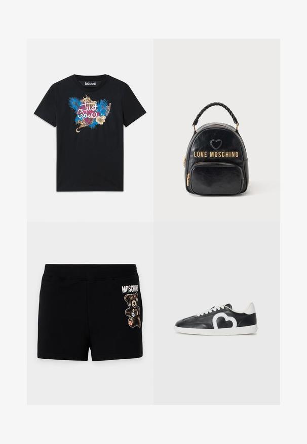 Zwarte katoenen t-shirt met een kleurrijke bloemen- en grafische print in blauw, goud en roze met de tekst "Just Cavalli". Crew neck ontwerp.; Zwarte katoenen shorts met een afbeelding van een beer met kleurrijke patches. De tailleband is elastisch voor comfort en een casual pasvorm.; Zwarte lage sneaker met witte veters, witte zool en een wit hartvormig ontwerp aan de zijkant.; Zwarte leren Love Moschino rugzak met gevlochten handvat, voorvak, gouden ritsen en hartdetail boven het logo.
