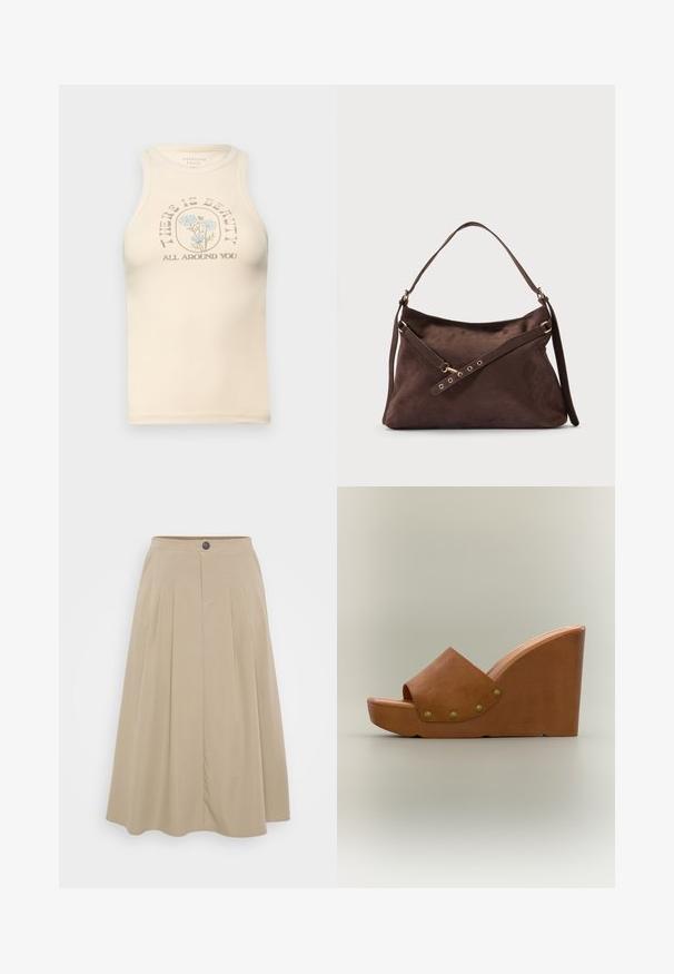 Beige tank top fitted dengan leher tinggi dan desain tanpa lengan. Memiliki grafik bunga cetak dan teks: "ADA KEINDAHAN DI SEKITAR ANDA."; Beige pleated skirt, joka on valmistettu pehmeästä kankaasta, jossa on istuva vyötärö nappisuljennalla ja virtaava A-linjan siluetti.; Ruskea nahkainen kiilapohjasandaali avoimella varpaalla, puisella korokepohjalla ja neljällä messingillä päällystetyllä niitillä sivun hihnassa.; Tummahkonruskea mokkanahkainen olkalaukku, jossa lyhyt kahva ja säädettävä ristiin kannettava hihna, jossa kullanväriset metalliosat.