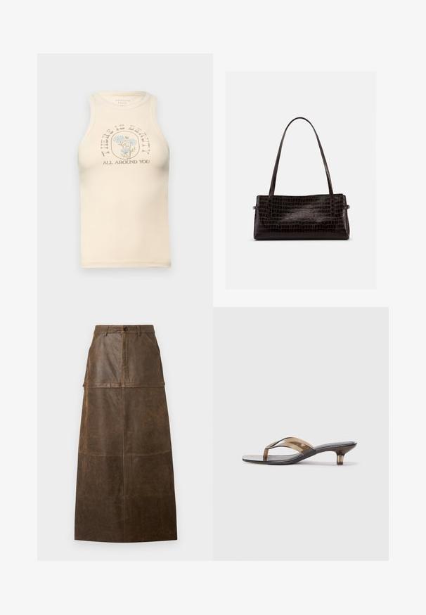 Top de tirantes ajustado color beige con un escote alto y sin mangas. Presenta un gráfico floral impreso y el texto: "HAY BELLEZA A TU ALREDEDOR."; Falda midi de cuero marrón con cintura alta, bolsillos frontales y una textura suave que presenta costuras visibles.; Chanclas transparentes con tacón y diseño de tiras finas, con una plantilla negra y acentos marrón claro, que ofrecen una estética minimalista.; Bolso rectangular marrón oscuro con textura de cocodrilo en relieve y dos finas asas para el hombro sobre un fondo liso.