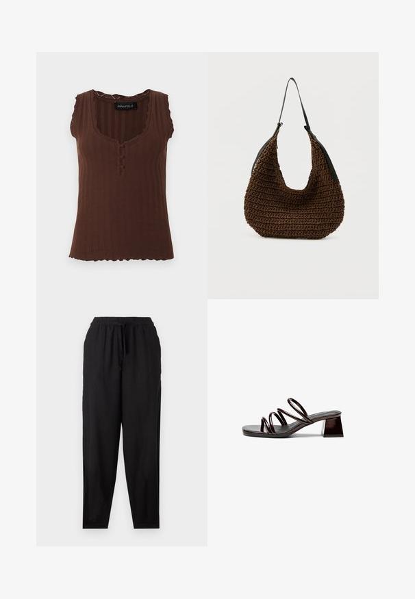 Top marrón sin mangas de punto acanalado con bordes festoneados, tres botones cubiertos de tela en el escote y un cuello redondo.; Pantalones de tela negra ligera con cinturilla elástica, detalle de cordón y piernas ajustadas. Textura suave; diseño minimalista.; Sandal de tacón abierto en piel sintética burdeos oscuro, con tres tiras delgadas y un tacón cuadrado. Superficie suave, diseño minimalista.; Bolso marrón tejido con una forma suave y redondeada y una única correa delgada negra para el hombro, sobre un fondo sencillo.