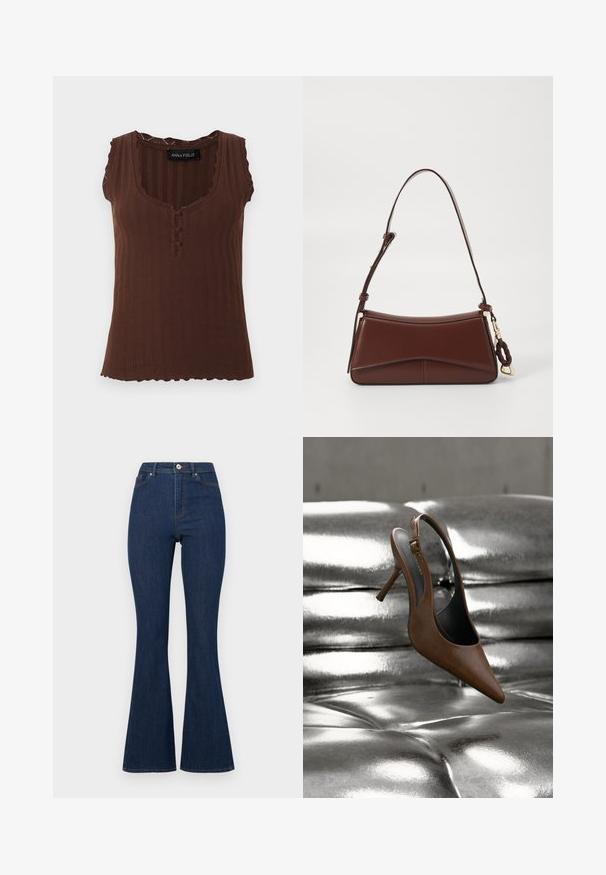 Top marron sans manches en maille côtelée avec des bords festonnés, trois boutons recouverts de tissu au niveau de l'encolure et un col rond dégagé.; Jean en denim évasés de couleur bleu foncé avec une taille haute, présentant une fermeture éclair et un bouton, ainsi que des coutures discrètes le long des bords.; Escarpin slingback marron en cuir à talon haut flottant au-dessus d’un canapé en cuir argenté, brillant et capitonné.; Sac à main en cuir marron avec une silhouette incurvée, une seule sangle et des garnitures en or. Il présente un accent tressé et une texture lisse et mate.