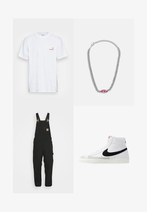 Camiseta de algodón blanca de manga corta. Diseñada con un pequeño logotipo naranja y marrón en el lado izquierdo del pecho. Presenta un cuello redondo clásico.; Pantalones de tirantes de algodón negros con tirantes ajustables, un bolsillo delantero con parche de logo y dos bolsillos laterales, con un corte relajado.; Zapatillas altas blancas con un swoosh negro, una puntera texturizada en gris y suela plana blanca. Presenta seis ojales y acentos cosidos.; Diesel NECKLACE - Collar - silver coloured