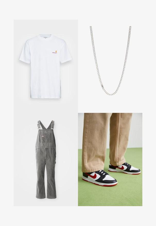 Camiseta de algodón blanca de manga corta. Diseñada con un pequeño logotipo naranja y marrón en el lado izquierdo del pecho. Presenta un cuello redondo clásico.; Pantalones de mezclilla gris con tirantes ajustables, bolsillo en el pecho delantero, bolsillos laterales y piernas acampanadas. Tela resistente y corte relajado para mayor comodidad.; Las zapatillas Nike Dunk presentan un diseño de cuero negro con acentos rojos y un swoosh blanco. La suela es roja, con una puntera blanca texturizada.; Collar de cadena de plata con eslabones entrelazados, textura suave y forma rectangular uniforme. Detalle de cierre seguro.