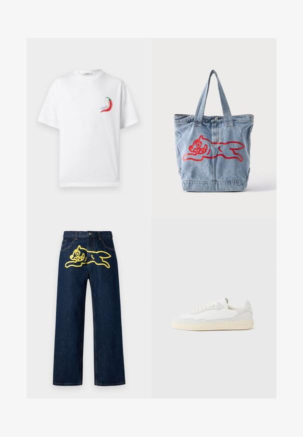 Witte T-shirt met korte mouwen, bedrukt met een rode chilipeper en de tekst "Replay" op de linkerborst.; Donkerblauwe spijkerbroek met een grote gele afbeelding van een springend karakter op de achterzak. Rechte pijpen met standaard stiksels.; Witte sneaker met een bovenwerk van gestructureerd suède en leer. Voorzien van een afgeronde neus, vetersluiting en een contrasterende beige rubberen zool.; Lichtblauwe denim draagtas met twee handvatten en een rode omtrek van een rennend cartoonachtig dier aan de voorkant.
