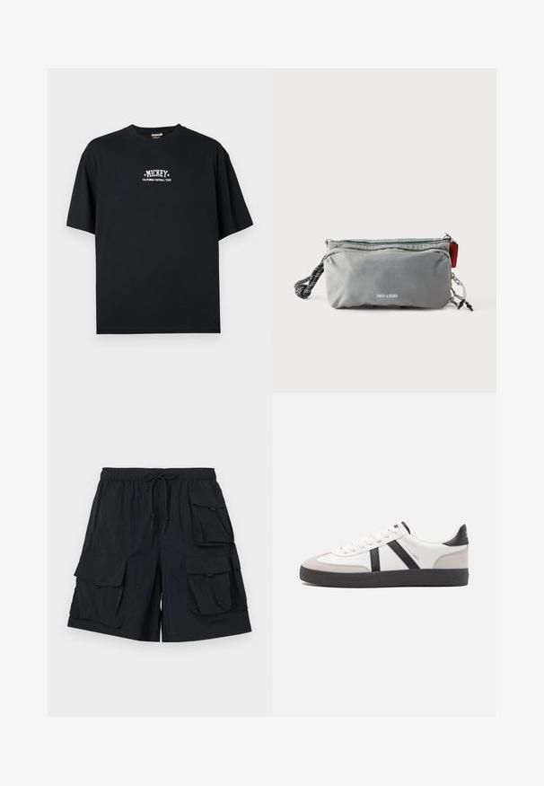Čierne bavlnené tričko s voľným oversized strihom, na prednej strane biely nápis "MICKEY" a "CALIFORNIA FOOTBALL TEAM", okrúhly výstrih.; Čierne cargo šortky vyrobené z ľahkej tkaniny, s viacerými veľkými vreckami, elastickým pásom s šnúrkou a hladkou štruktúrou.; Biele tenisky s čiernymi a šedými akcentmi, s textúrovanou šedou špičkou, čiernou gumovou podrážkou a plochými bielymi šnúrkami. Čistý dizajn, minimalistický štýl.; Sivý obdĺžnikový obal so zipsami, čierno-bielou lanovou rukoväťou na jednej strane a textom „ONLY & SONS“ v strede vpredu.