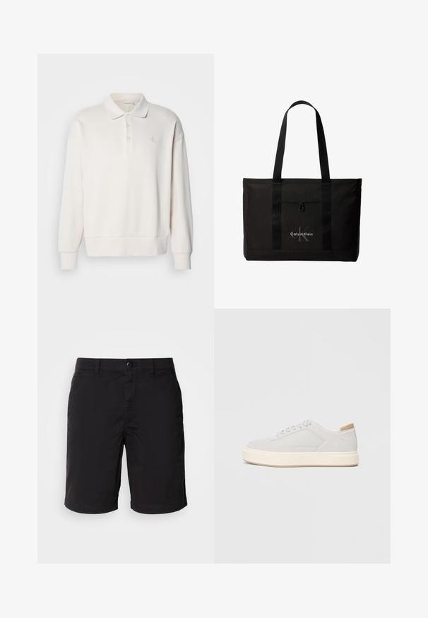 Off-white langærmet polo skjorte med ribbet struktur, tre knapper ved kraven og et diskret logo på venstre bryst.; Sorte shorts lavet af letvægtsstof, med knaplukning, standard talje og lige snit. Ingen mønstre eller synlige detaljer.; Lys grå sneakers med en glat syntetisk overdel, rund tå og en struktureret crème mellemsål. Lysebrune accenter på hælen.; Sort Calvin Klein tote taske med to lange håndtag og lomme foran, med mærkets logo i hvid og grå.