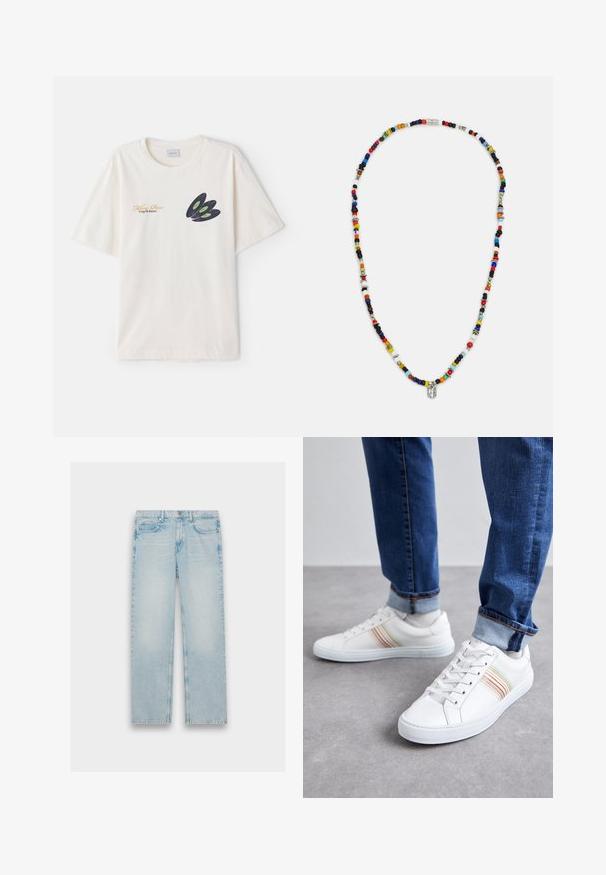Crème-kleurige katoenen t-shirt met een donkere vinylplaat grafiek met groene accenten en gouden tekst op de voorkant. Korte mouwen, ronde hals.; Lichtblauwe denim jeans met een recht model, vijf zakken en een vervaagde afwerking. Metaalbeslag en gestikte details zijn zichtbaar.; Witte leren sneakers met meerkleurige strepen, vetersluiting, rubberen zool en gevoerd kraagje, gecombineerd met blauwe spijkerbroek.; Kleurrijke kralenketting met verschillende vormen en maten, verrijkt met metalen accenten en kleine decoratieve bedels. Voornamelijk multicolored.