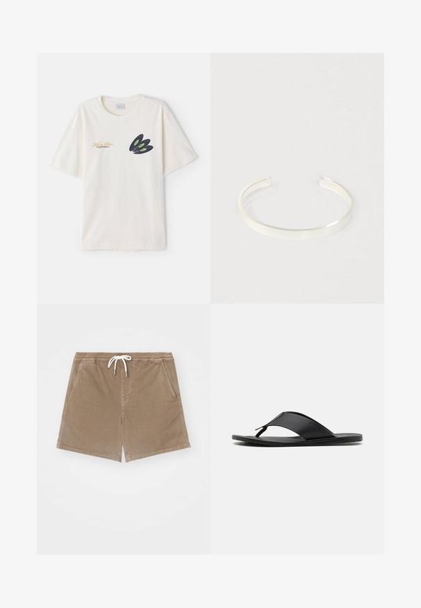 T-shirt en coton crème avec un graphique de disque vinyle noir aux accents verts et texte doré sur le devant. Manches courtes, col rond.; Shorts en coton marron avec une taille élastique et un cordon de serrage blanc, dotés de deux poches latérales et d'une coupe droite.; Stuart Weitzman BASTIAN - Sandales tongs - black; Bracelet jonc minimaliste en argent avec une surface lisse et polie, affiché sur un fond clair, design ouvert.