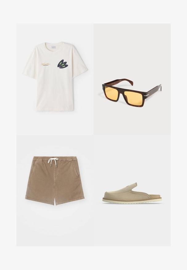 T-shirt en coton crème avec un graphique de disque vinyle noir aux accents verts et texte doré sur le devant. Manches courtes, col rond.; Shorts en coton marron avec une taille élastique et un cordon de serrage blanc, dotés de deux poches latérales et d'une coupe droite.; Sandale beige à enfiler avec bout fermé, talon ouvert, dessus en suédine souple et semelle en caoutchouc blanche texturée, montrée de profil sur fond blanc.; Lunettes de soleil rectangulaires en écaille avec de larges montures et des verres teintés jaunes sur fond blanc.