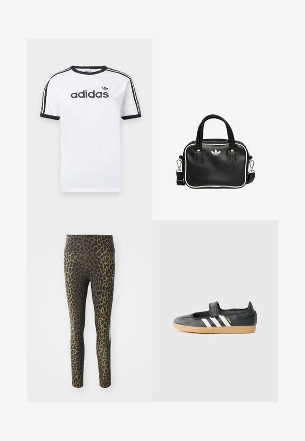 Biele bavlnené tričko s čiernymi akcentmi, so zapínaním okolo krku, krátkymi rukávmi, tromi čiernymi pruhmi na ramenách a čiernym logom „adidas“.; Legíny s leopardím vzorom s vysokým pásom, elastickou tkaninou a čiernymi akcentmi na svetlohnedom podklade, navrhnuté pre pohodlie a prispôsobenie.; Čierne kožené a zamšové tenisky s Velcro pásikom, s tromi bielymi pruhmi a gumenou podrážkou, označené nápisom "SAMBA" na boku.; Čierna kožená kabelka s dvoma krátkymi držadlami, striebornými kovovými doplnkami, bielymi akcentmi a bielym logom. Vyznačuje sa textúrovaným povrchom a kompaktným dizajnom.