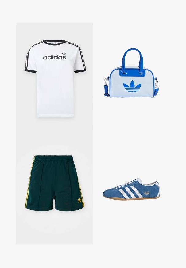 Valge puuvillane T-särk mustade detailidega, millel on ümara kaelusega, lühikesed varrukad, kolm musta triipu õlgadel ja must "adidas" logo.; Tumed roheline spordilühike, millel on elastne vöökoht, kollased külgribad ja tikandiga kollane logo sääreosas.; Sinine sametist tennis, millel on valged nahkrihmad, ümmargune varvas, kummist kummist tald ja kuldne "adidas TOKYO" bränding külgedel.; Sinine ja valge käekott läikiva viimistlusega, millel on kaks sinist sangast, eemaldatav õlarihm ja esiküljel silmapaistev sinine logo.