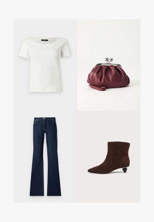 Haut blanc en coton à manches courtes pour femmes avec un large col rond sur un fond clair uni.; Jean flare bleu foncé en denim, dotés d'un design à cinq poches, de passants de ceinture et de coutures jaunes contrastées le long des coutures.; Boots en daim marron foncé à bout pointu et petit talon rond décoratif sur fond clair uni.; Petit sac pochette en cuir bordeaux avec fermoir métallique argenté et bracelet sur fond blanc.