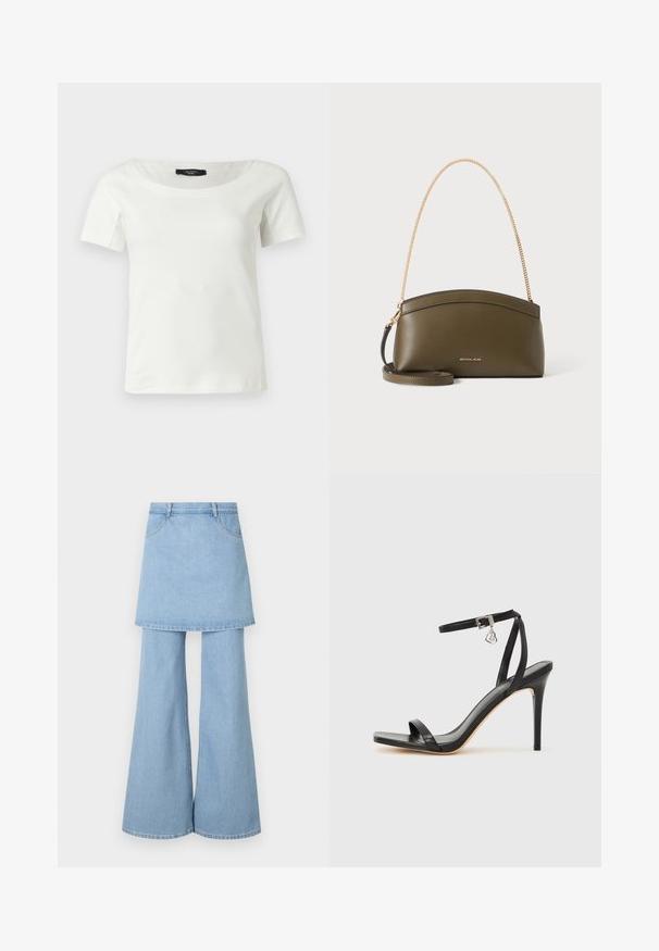 Witte katoenen dames top met korte mouwen en een brede ronde halslijn op een effen lichte achtergrond.; Denim rok-broek hybride, met lichtblauwe stof, uitlopende pijpen en zichtbare stikdetails. Ontworpen met voorzakken en een tailleband.; Zwarte sandaal met hoge hak, smalle enkelband, vierkante neus, soepel leermateriaal en metalen gespsluiting.; Olijfgroene Michael Kors-handtas met gouden kettingschouderband, gebogen bovenkant en klein goud logo aan de voorkant, getoond tegen een witte achtergrond.