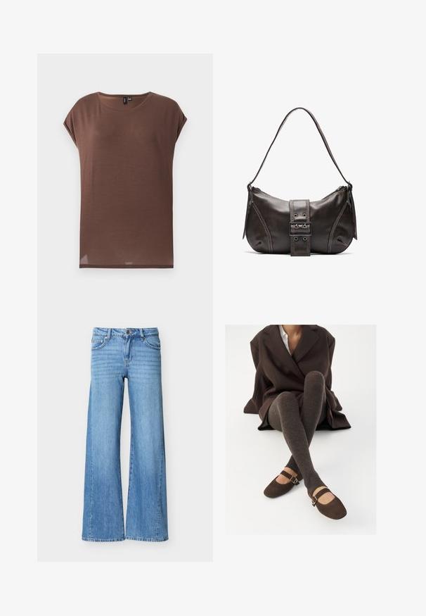 Brun kortærmet top lavet af et blødt, let materiale. Den har en rund halsudskæring og en afslappet pasform med en lige kant.; Lyseblå denimjeans med høj talje, knap- og lynlåslukning, forlommer og vide ben.; Brune ribbede knæhøje sokker parret med brune ruskinds Mary Jane sko med en dekorativ rem og spænde, båret med en mørk frakke.; Brun læder skuldertaske med en buet form, der har et fremtrædende spænde, kontrasterende syninger og en enkelt skulderrem.