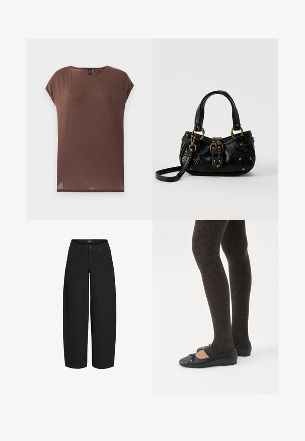 Brun kortærmet top lavet af et blødt, let materiale. Den har en rund halsudskæring og en afslappet pasform med en lige kant.; Sorte vidde-korte jeans med knap- og lynlåslukning foran, lommer foran og bagpå samt mærket bæltelabel.; Ben iført mørke ribbede leggings kombineret med sorte balletsko med små sløjfedetaljer på hvid baggrund.; Sort læderhåndtaske med guldbælge og nitdetaljer, korte håndtag og en justerbar skulderrem på en ensfarvet hvid baggrund.