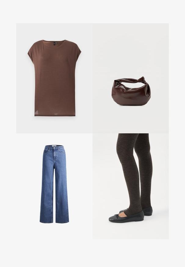 Brun kortærmet top lavet af et blødt, let materiale. Den har en rund halsudskæring og en afslappet pasform med en lige kant.; Lyseblå denim brede bukser med høj talje, to frontlommer og synlige stikninger. Har en knap- og lynlåslukning.; Ben iført mørke ribbede leggings kombineret med sorte balletsko med små sløjfedetaljer på hvid baggrund.; Mørkebrun læder skuldertaske med en blød, afslappet form og et snoet knudehåndtag på en ensartet hvid baggrund.