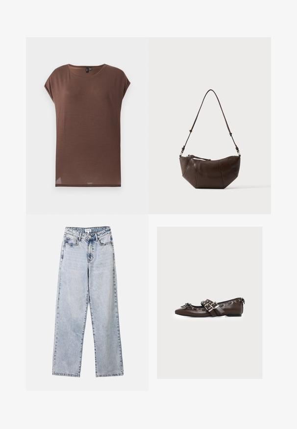 Bruine top met korte mouwen gemaakt van een zachte, lichtgewicht stof. Heeft een ronde halslijn en een ontspannen pasvorm met een rechte zoom.; Lichtblauwe straight-leg jeans van denim, met twee voorkruimelzakken, een knoopsluiting en contrasterende stiksels langs de naden.; Bruine leren platte schoen met dubbele zilveren gespen, decoratieve veters langs de randen en een kleine strik op de puntige neus.; Bruine leren schoudertas met een gebogen onderkant en een verstelbare riem tegen een effen lichte achtergrond.