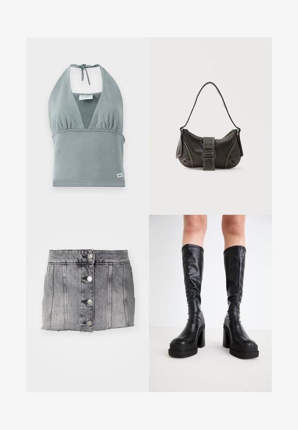 Halter-neck crop top i dæmpet grå, lavet af blødt stof, med en sammensunket buste, mesh-detaljer og et lille logo mærke ved kanten.; Grå denimskørt med høj talje, fem sølvknapper, lodrette syninger og rå kant. Har en tætsiddende silhuet og en blød tekstur.; Sorte knælange støvler i glat læder, med en tyk platform og blokhæle, samt stikninger langs kanterne.; Sort læder skuldertaske med spænde på remmen, afrundede kanter og kontrasterende hvide syninger på en ensfarvet baggrund.