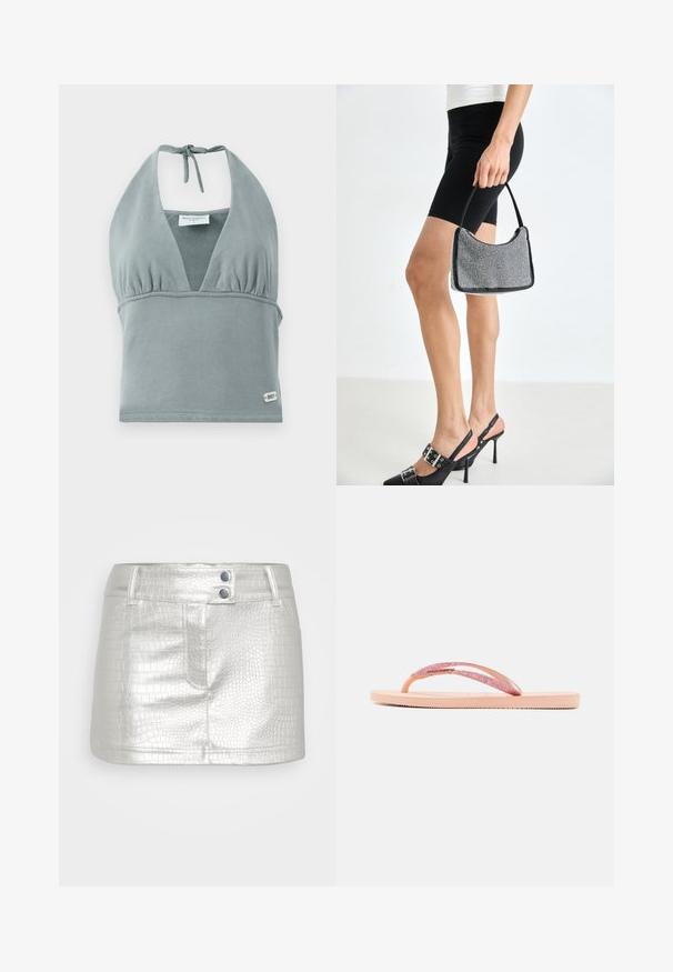 Halter-neck crop top i dæmpet grå, lavet af blødt stof, med en sammensunket buste, mesh-detaljer og et lille logo mærke ved kanten.; Sølvfarvet, kunstlæder nederdel med et tekstureret krokodillemønster, der har to blå knapdetaljer og en tætsiddende pasform.; Lyserød flip-flop med en glitrende rem, tekstureret gummisål og enkelt fladt design. Der er detaljer som et skinnende forbindelsesstykke.; Sort perlehandtaske med en buet silhuet, bærehåndtag og blank overflade. Båret med højhælede sorte sko og tætsiddende sorte shorts.