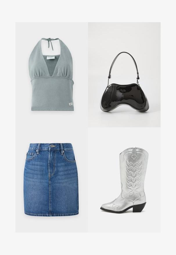 Halter-neck crop top i dæmpet grå, lavet af blødt stof, med en sammensunket buste, mesh-detaljer og et lille logo mærke ved kanten.; Denim nederdel i blå, lige skæring med taljebånd, forlommer og en falmet finish. Har kontrast syninger og lynlås til åbning.; Sølv cowboystøvle med spids tå, dekorativ syning og en let hævet sort hæl. Fremstillet af blank lædermateriale.; Sort patentlæder håndtaske med en unik buet form, kort justerbar hank og en lynlåslukning i toppen. Glat tekstur med diskret branding.