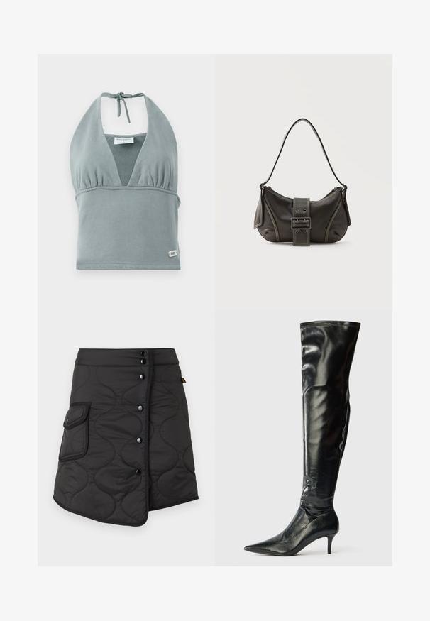 Crop top à col halter en gris doux, fabriqué en tissu doux, avec un bustier froncé, des détails en maille et une petite étiquette logo en bas.; Jupe noire matelassée avec un ourlet asymétrique, dotée de cinq boutons foncés et d'une poche latérale avec un détail de rabat arrondi.; Bottes en cuir noir montantes, avec une finition brillante, un bout pointu et un talon aiguille mince. Présentent un haut ajusté avec des détails de couture.; Sac à épaule en cuir noir avec une sangle à boucle, des bords arrondis et des coutures blanches contrastées sur un fond uni.