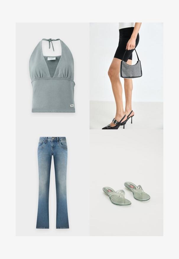 Halter krčný crop top v tlmených šedých farbách, vyrobený z mäkkej tkaniny, s naškrobeným dekoltom, sieťkovými detailami a malou logo nášivkou na leme.; Svetlomodré rozšírené džínsy vyrobené z denimu. Obsahujú vybledlý vzhľad, päť vreciek a zapínanie na gombík so slučkami na opasok pri páse.; Priehľadné plastové sandále s vlnitým dizajnom, s pásikom medzi prstami a so vzorovanou podrážkou. Farby zahŕňajú svetlozelené a priehľadné odtiene.; Čierna korálková kabelka s zakriveným siluetom, nosnou rukoväťou a lesklou textúrou. Nosená s vysokými čiernymi topánkami na opätku a priliehavými čiernymi šortkami.