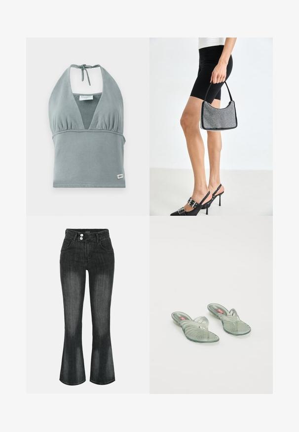 Halternek crop top in gedempt grijs, gemaakt van zachte stof, met een geplooid decolleté, mesh details en een klein logo label aan de onderkant.; Zwart gewassen denim jeans met hoge taille, dubbele knoopsluiting, voorzakken en licht uitlopende pijpen.; Transparante jelly sandalen met een golfvormig ontwerp, voorzien van een tussenstuk en een gegroefd zoolpatroon. Kleuren zijn onder andere lichtgroen en transparante tinten.; Zwarte beaded handtas met een gebogen silhouet, draaghandvat en glanzende textuur. Draagt bij hoge zwarte hakken en strakke zwarte shorts.