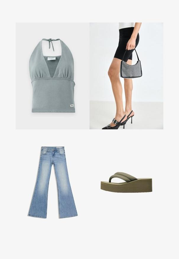 Halterneck-Crop-Top in gedämpftem Grau, aus weichem Stoff gefertigt, mit gerafftem Bustier, Netzelementen und einem kleinen Logotag am Saum.; Hellblaue Jeans aus Denim mit hoher Taille, vorderen Taschen und ausgestellten, weiten Beinen, flach auf einem weißen Hintergrund liegend.; Olivgrüne Plattformflip-Flops mit einem breiten Riemen und strukturierten Sohle, ausgestattet mit einer glatten Oberfläche und einem geschwungenen Design für zusätzlichen Komfort.; Schwarze Perlen-Handtasche mit geschwungener Silhouette, Tragegriff und glänzender Textur. Kombiniert mit schwarzen High Heels und enganliegenden schwarzen Shorts.