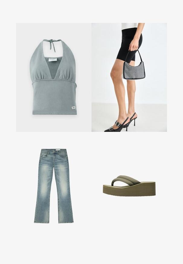 Halterneck-Crop-Top in gedämpftem Grau, aus weichem Stoff gefertigt, mit gerafftem Bustier, Netzelementen und einem kleinen Logotag am Saum.; Blau ausgewaschene Jeans mit geradem Bein, vorderem Knopf und Reißverschluss, Gürtelschlaufen und fünf Taschen, flach auf weißem Hintergrund ausgelegt.; Olivgrüne Plattformflip-Flops mit einem breiten Riemen und strukturierten Sohle, ausgestattet mit einer glatten Oberfläche und einem geschwungenen Design für zusätzlichen Komfort.; Schwarze Perlen-Handtasche mit geschwungener Silhouette, Tragegriff und glänzender Textur. Kombiniert mit schwarzen High Heels und enganliegenden schwarzen Shorts.